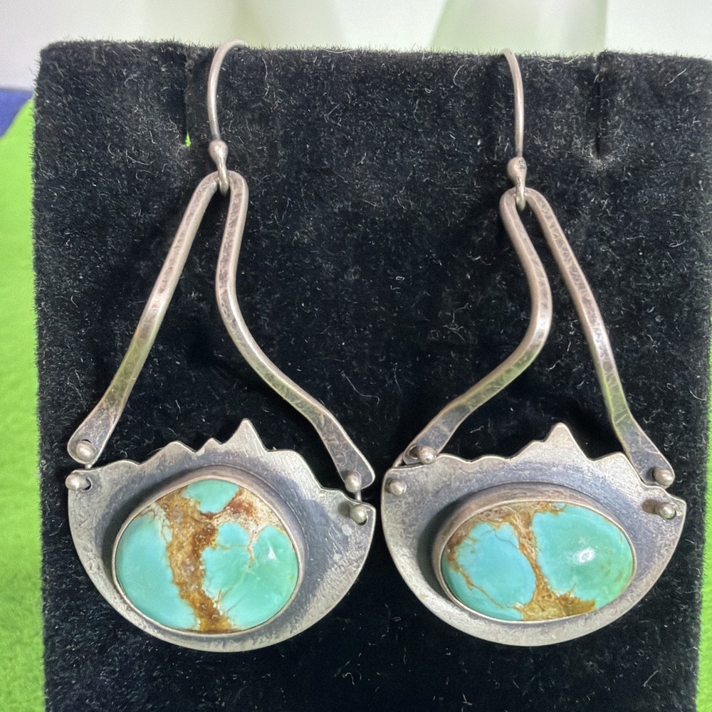 Navajo Dangle Earrings 925 Silver Natural Turquoise Native American Artist